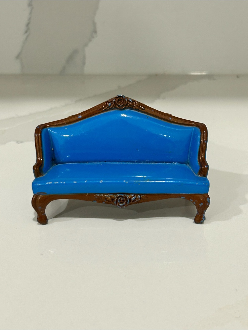 Miniature Blue Vintage-Style Sofa for Dollhouse by Mattel